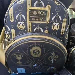 Loungefly Harry Potter Black and Gold Mini Backpack with Wizard Symbols